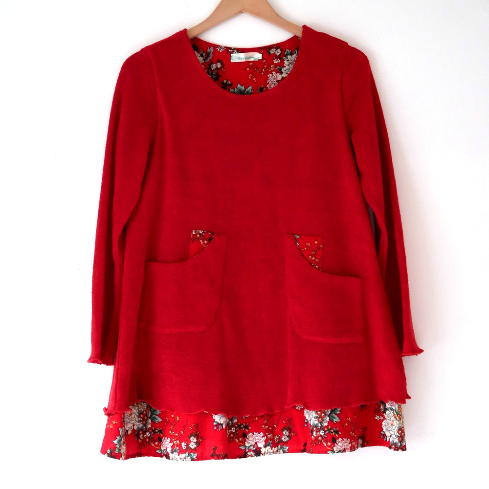 Y2K Fairy Grunge Red Knit Top Boho Floral Cottagecore Artsy Patchwork Tunic sz L